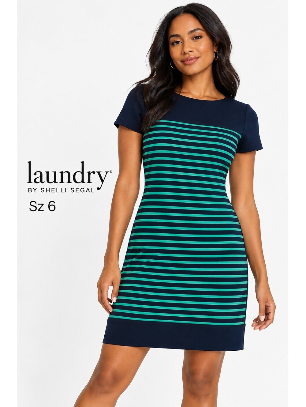 Laundry by Shelli Segal | 6 | Navy Mint Stripe Short Sleeve Shift Dress